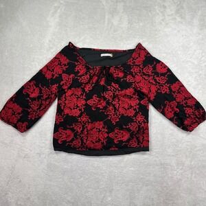 alice + olivia Blouse Women XS Black Red Floral Embroidered Tie Neck Boho Top